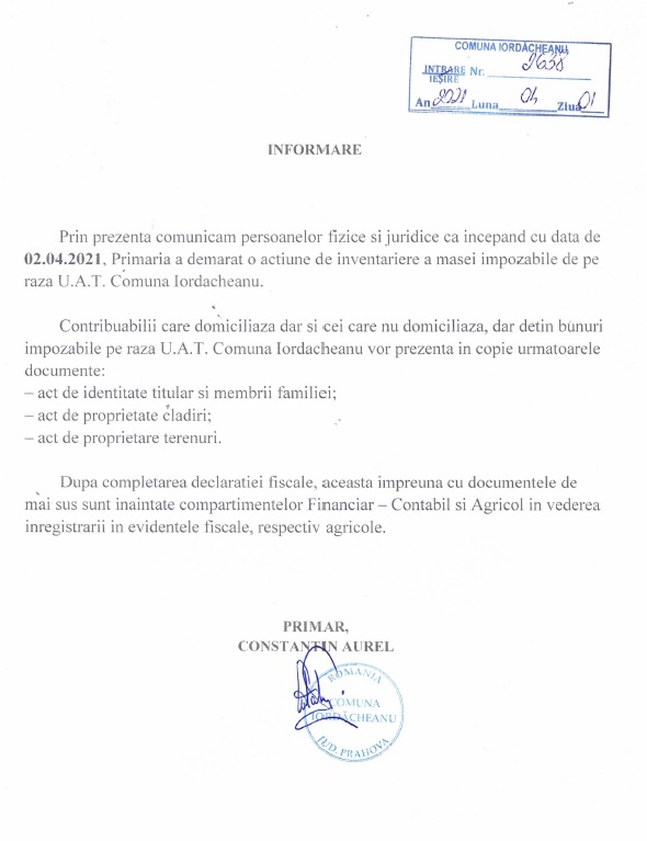 Anunt 01.04.2021 Iordacheanu